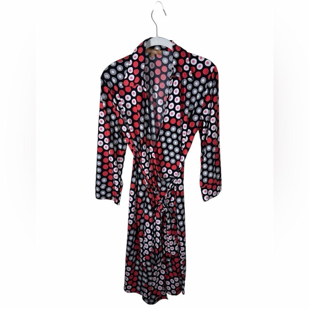 Ellen Tracy Black Wrap Robe with Coral & White Polka Dots